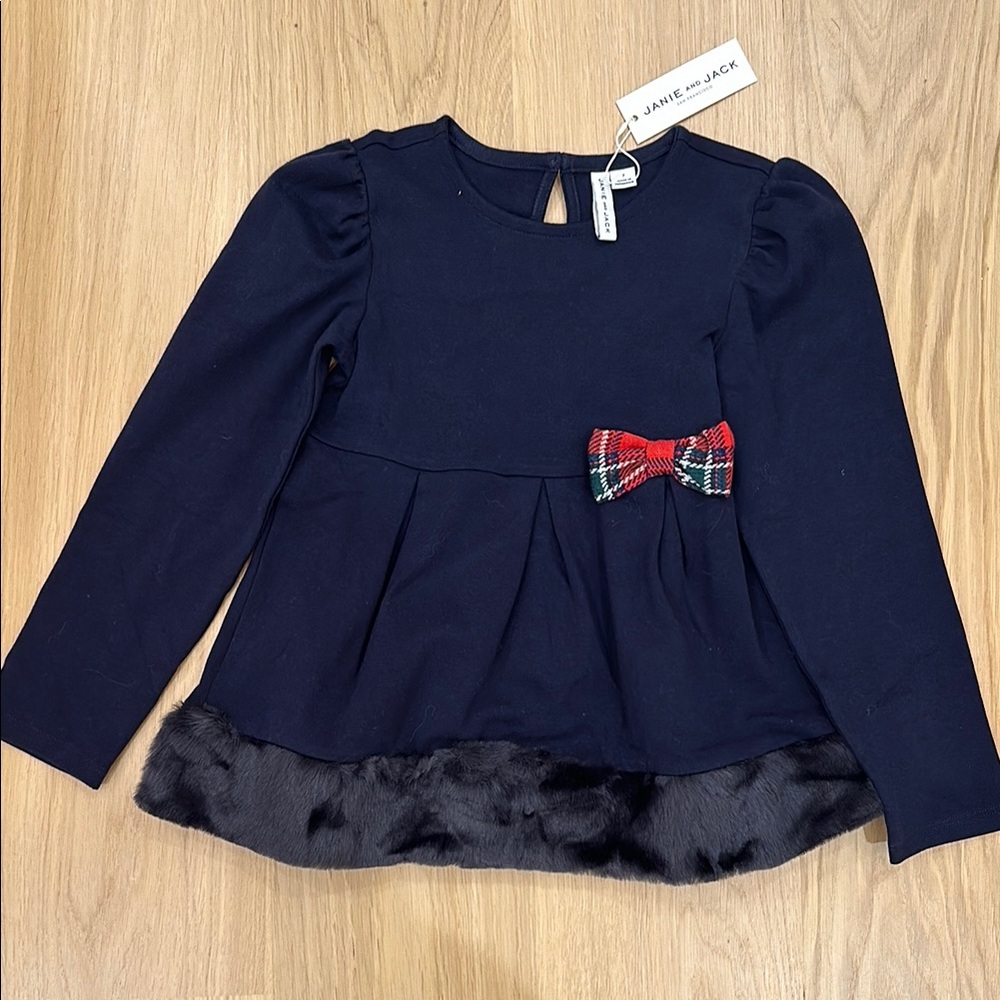 Janie and Jack Navy Long Sleeve Top with Red Plaid Bow